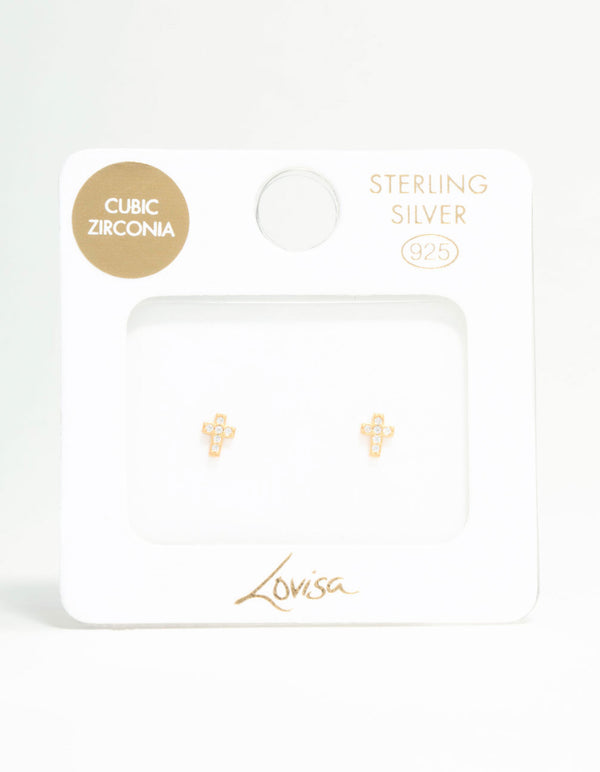 Gold Plated Sterling Silver Mini Diamante Cross Stud Earrings