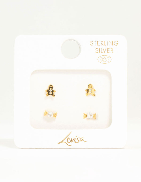 Gold Plated Sterling Silver Xmas Stud Earrings 2-Pack