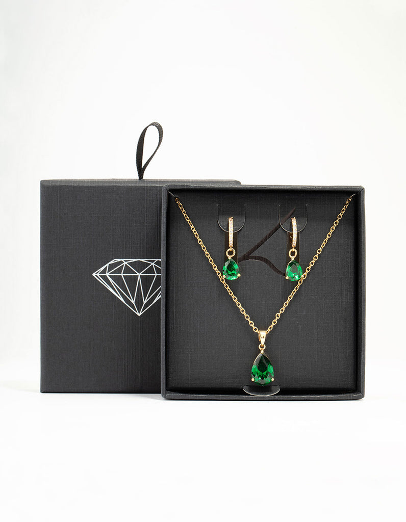 Gold Plated Emerald Teardrop Diamante Drop Necklace Earrings Set