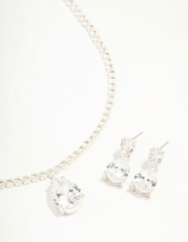 Silver Cubic Zirconia Tennis Necklace & Earring Set