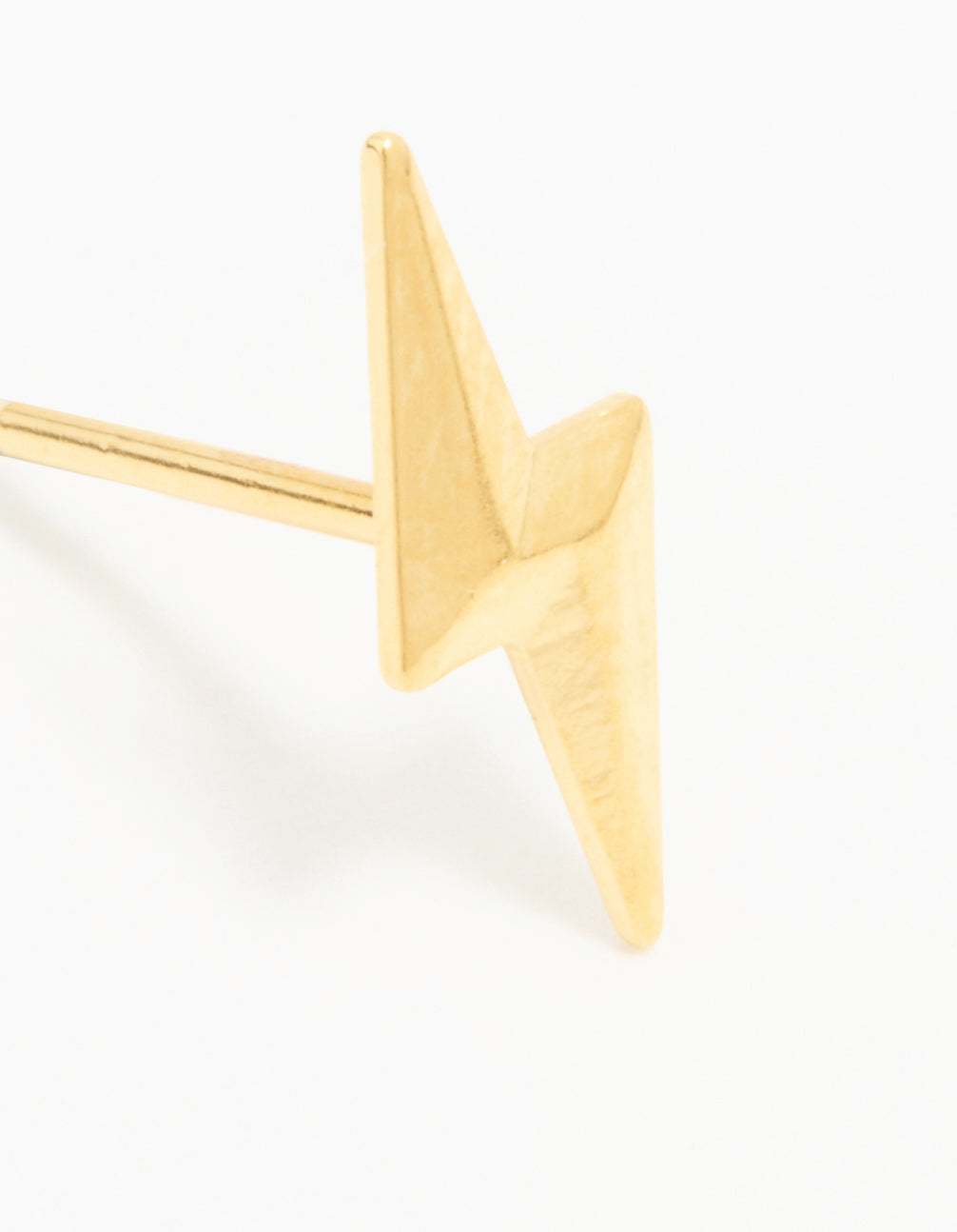 Featuring a 24K gold plated surgical stainless steel lightning bolt piercing stud with closure close up view