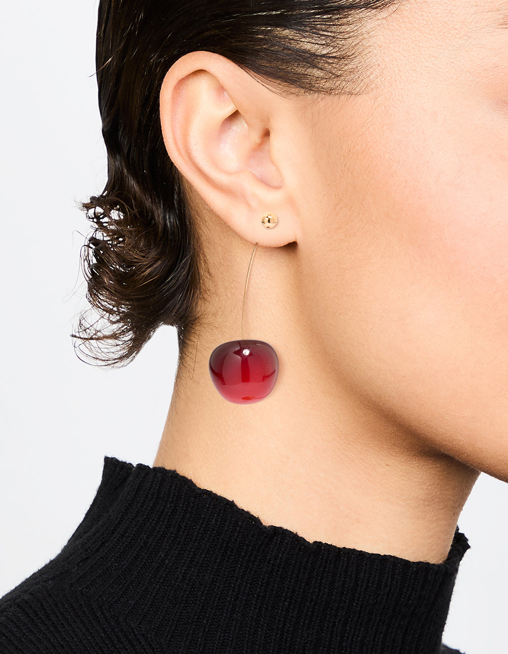 Red Cherry Thread Through Gold Drop Earrings