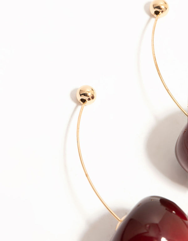 Red Cherry Thread Through Gold Drop Earrings