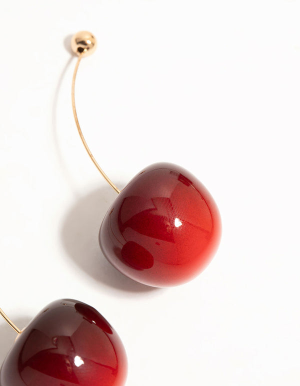 Red Cherry Thread Through Gold Drop Earrings