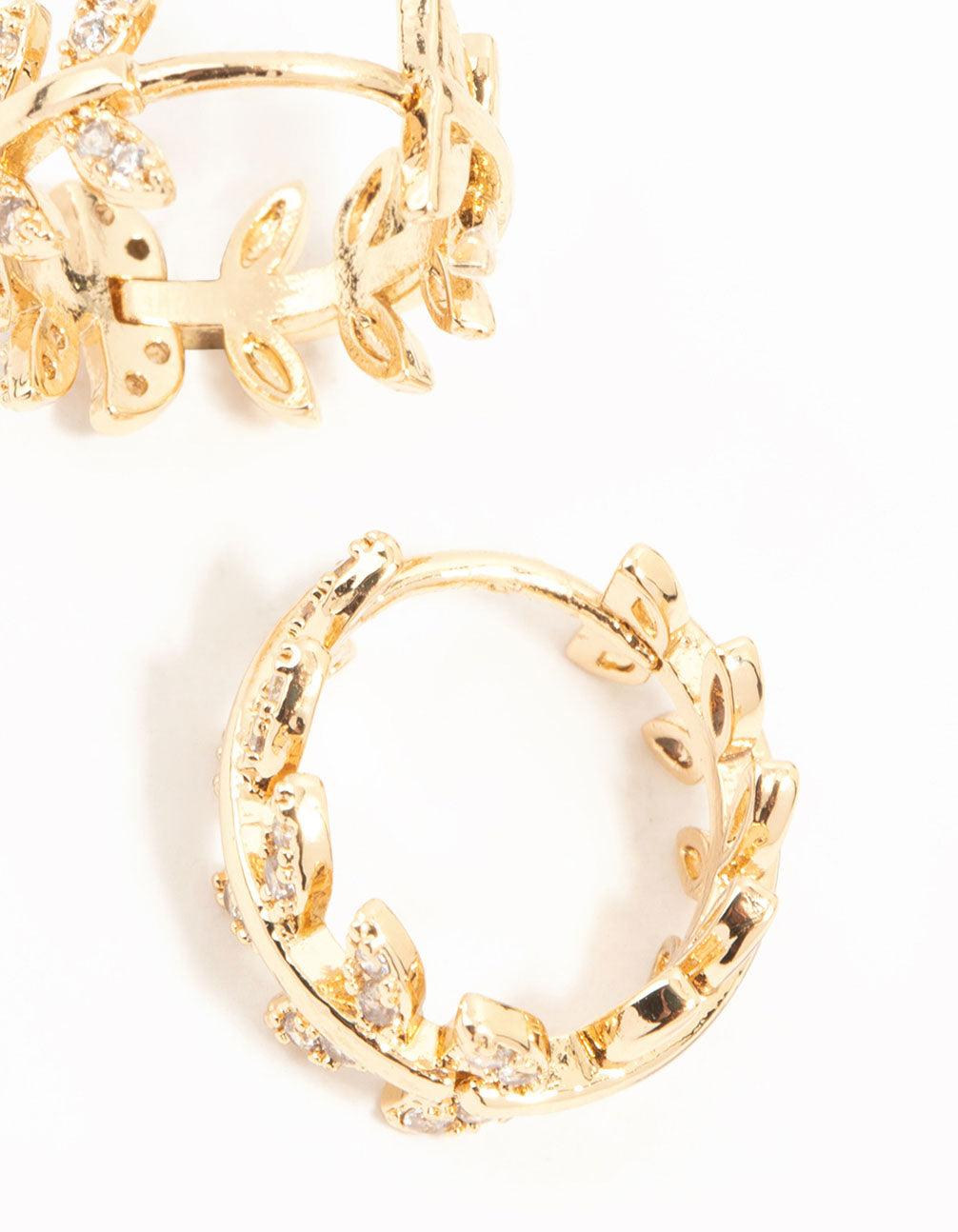 Gold Cubic Zirconia Leafy Huggie Earrings