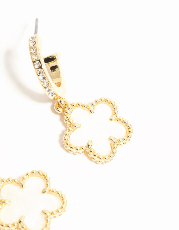 Stunning gold plated flower drop diamante hoop earrings in white post detail view