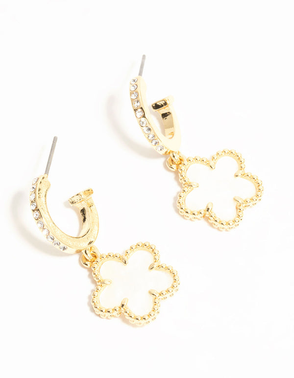 Elegant gold plated flower drop diamante hoop earrings featuring white accents front view