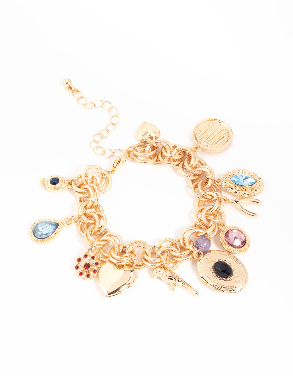 Gold Diamante & Heart Charm Bracelet