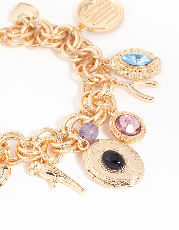 Gold Diamante & Heart Charm Bracelet
