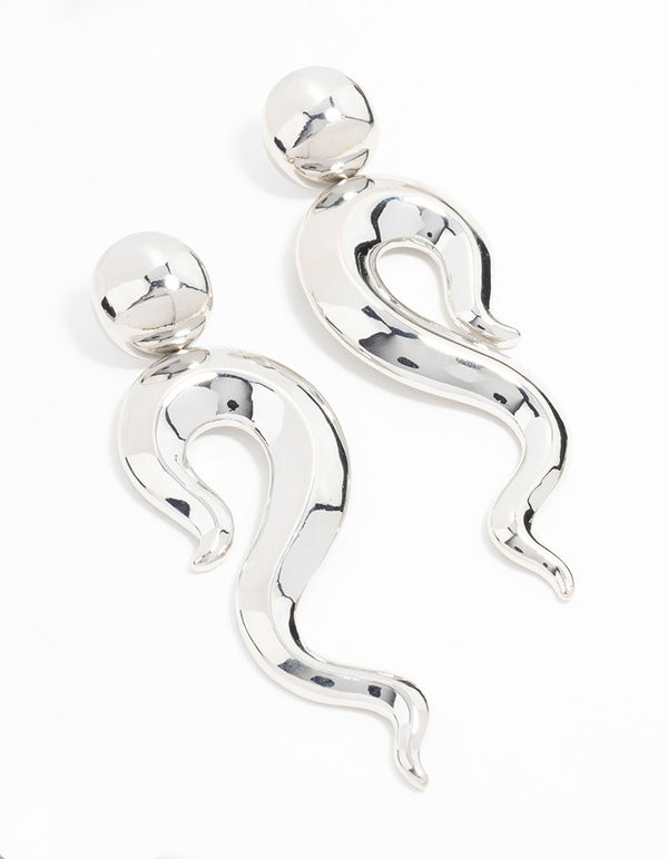 Silver Plated Long Swirl Stud Earrings
