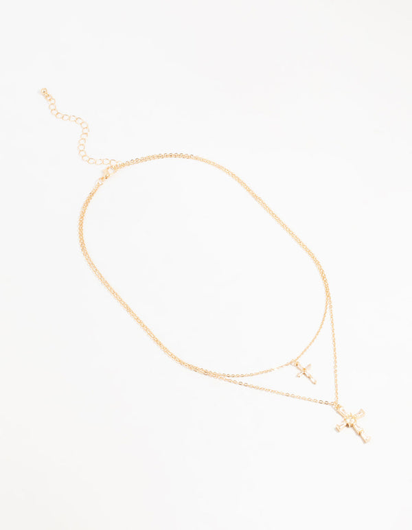 Gold Cubic Zirconia Cross Layered Necklace