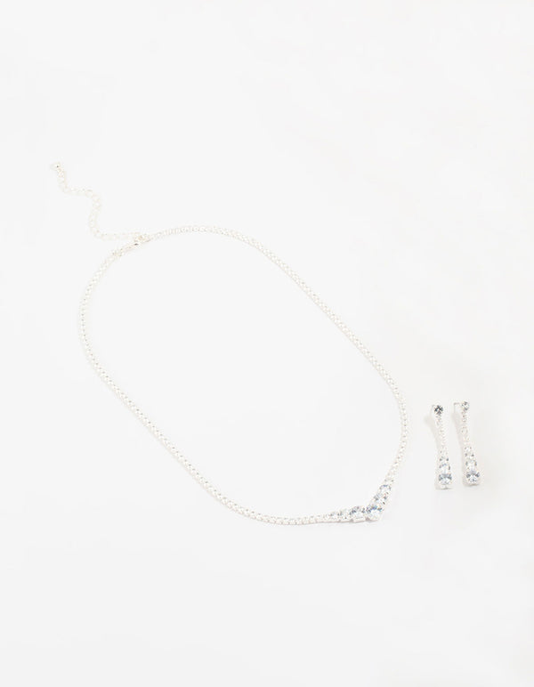Silver Cubic Zirconia Pointed Earrings & Necklace Set