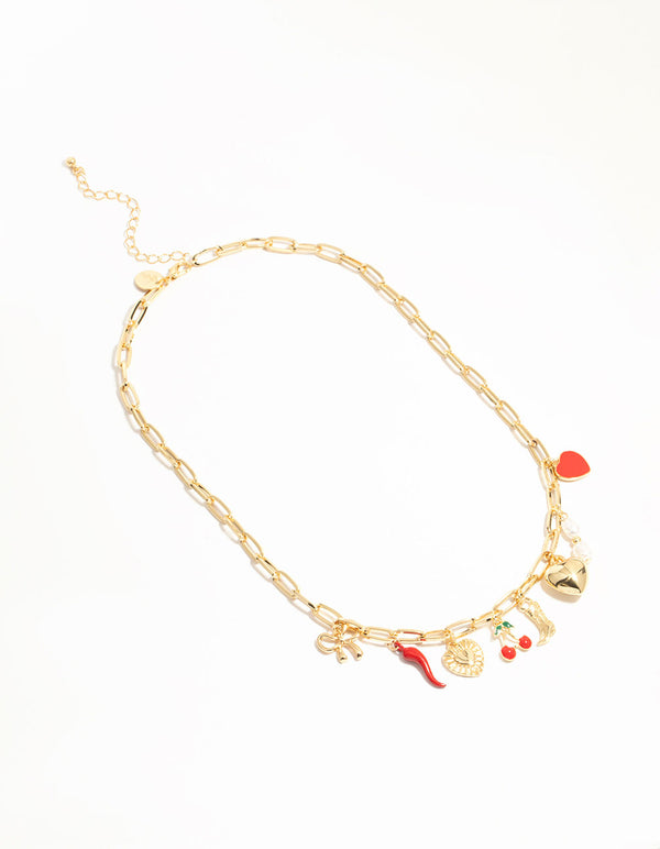 Gold Plated Chili & Cherry Charm Necklace