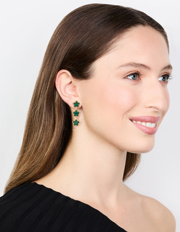 Gold Plated Emerald Flower Trio Drop Earrings