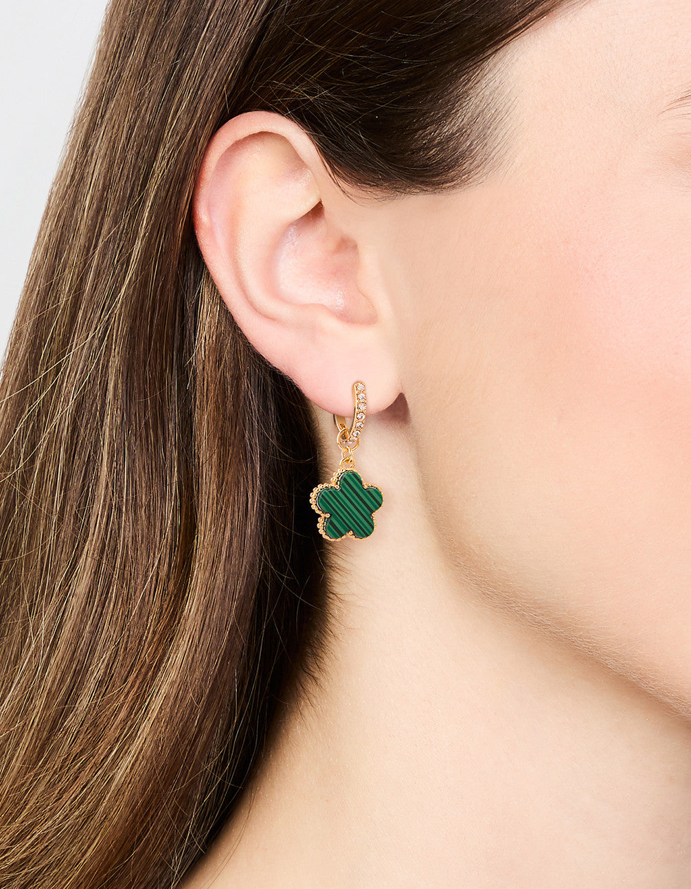 Gold Plated Emerald Flower Hoop Drop Earrings