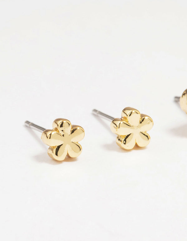 Gold Plated Brass Mini Flower Earrings 4-Pack
