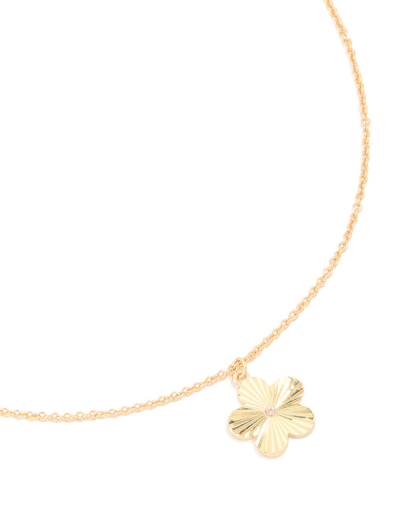 Gold Plated Brass Ribbed Flower Pendant Necklace