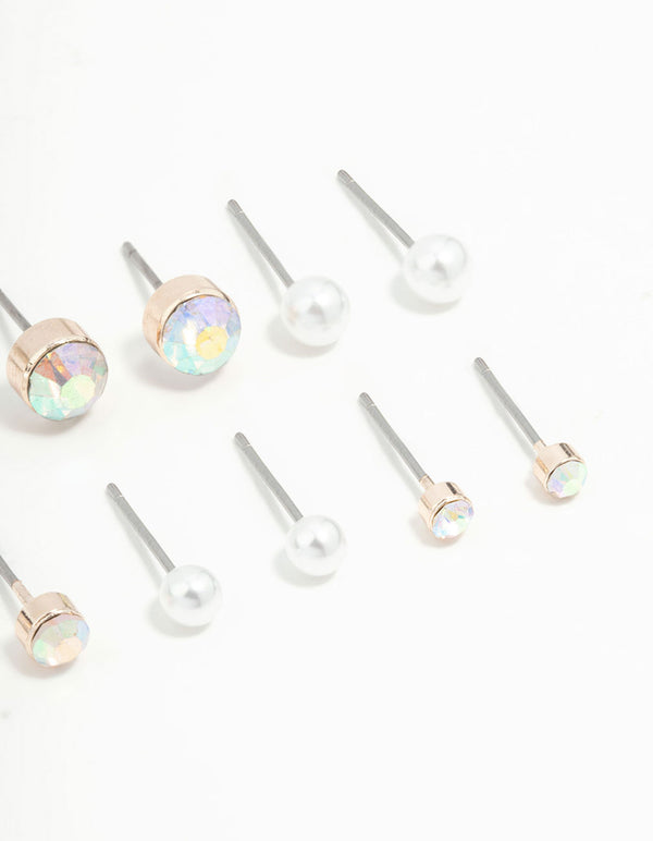 Rose Gold Round Pearl & Aurora Borealis Diamante Stud Earrings 8-Pack