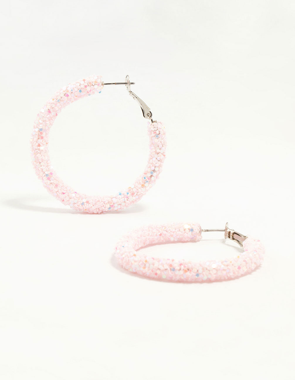 Silver Pink Glitter Hoop Earrings