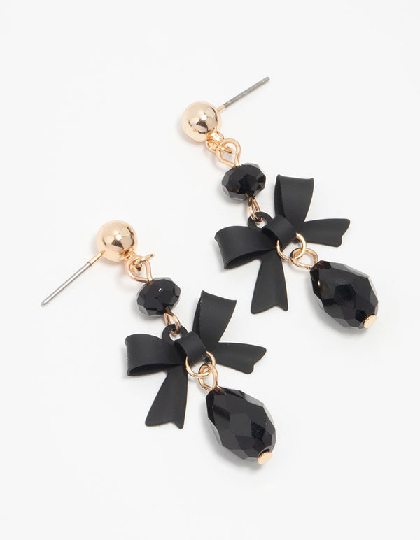 Gold Black Diamante Bow Drop Earrings