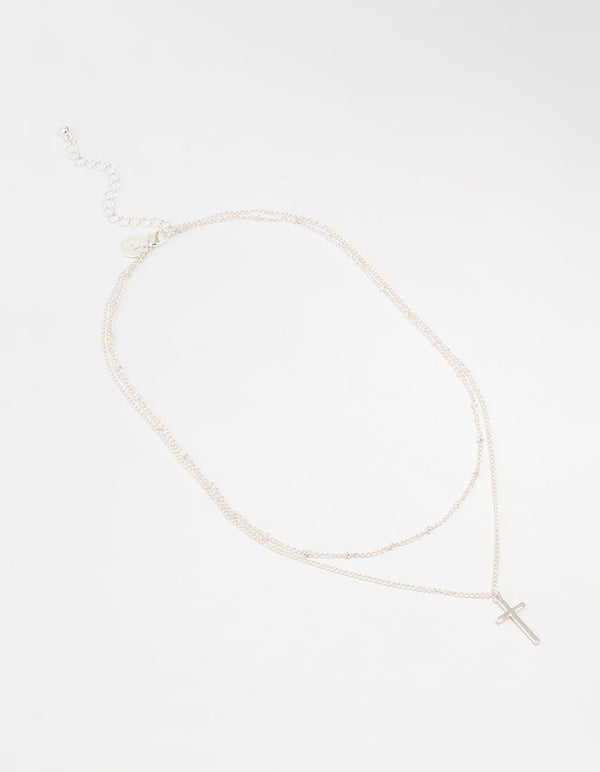 Silver Ball Chain Cross Layered Necklace