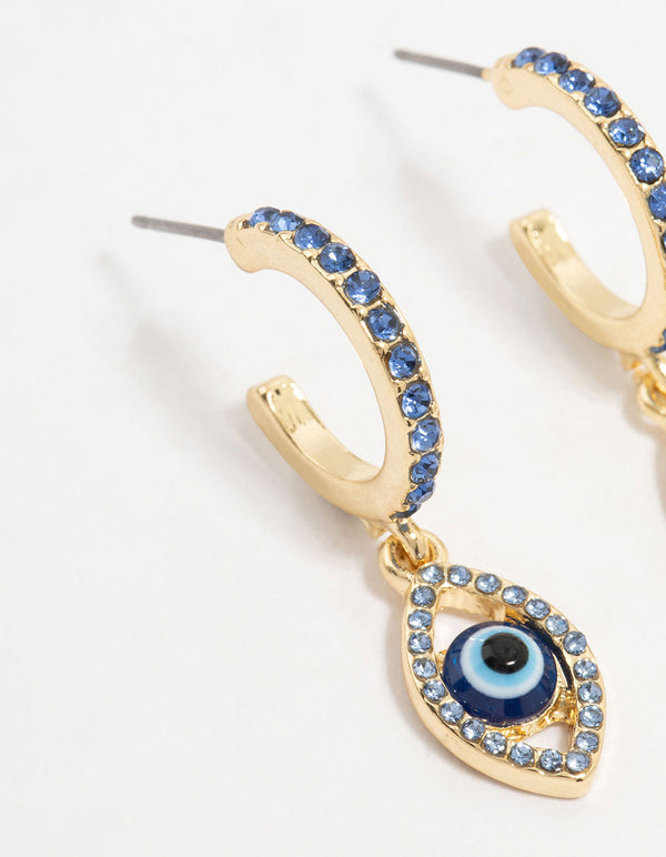 Gold Plated Diamante Evil Eye Drop Earrings