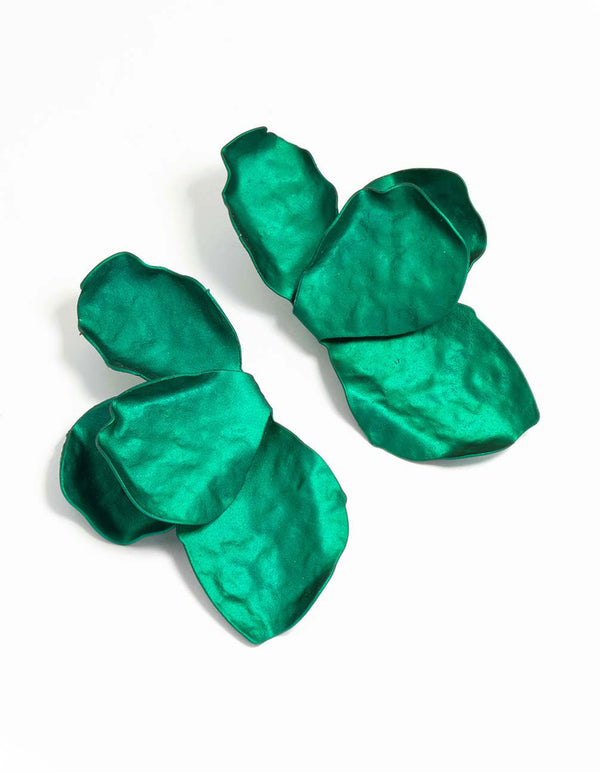 Dark Green Coated Metal Flower Petal Drop Earrings