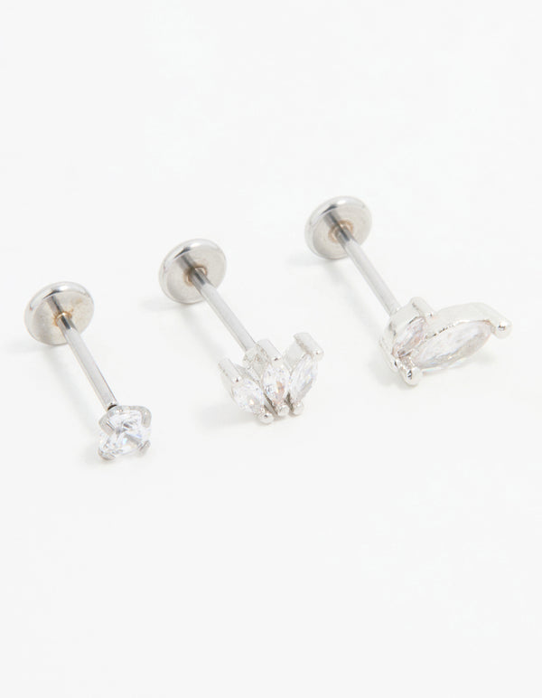Surgical Steel Fan Double Cubic Zirconia Flat Back Studs 3-Pack