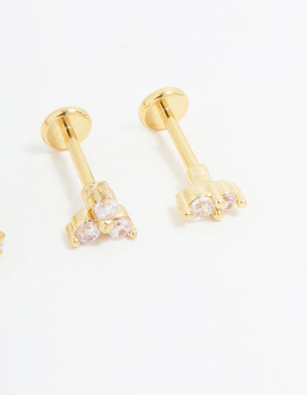 Gold Plated Surgical Steel Cubic Zirconia Round Flat Back Studs 3-Pack