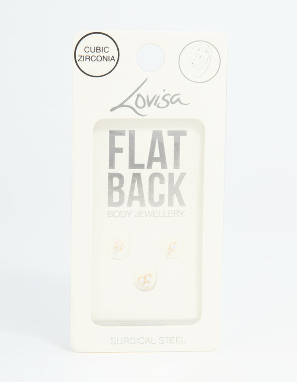 Gold Plated Surgical Steel Cubic Zirconia Round Flat Back Studs 3-Pack