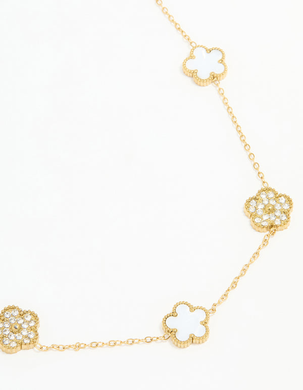 Waterproof Gold Plated Stainless Steel Diamante Flower Petal Charm Necklace