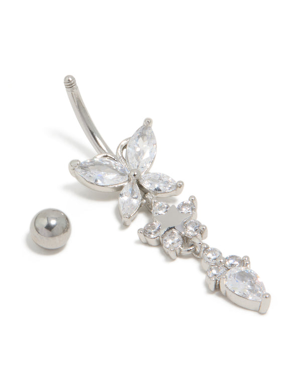 Designed with surgical steel and cubic zirconia, this dainty triple flower belly bar ring showcases and elegant butterfly details detail view