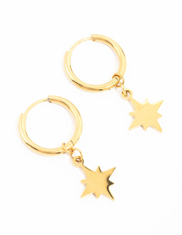 Shop waterproof gold plated stainless steel hoop earrings with celestial star front view