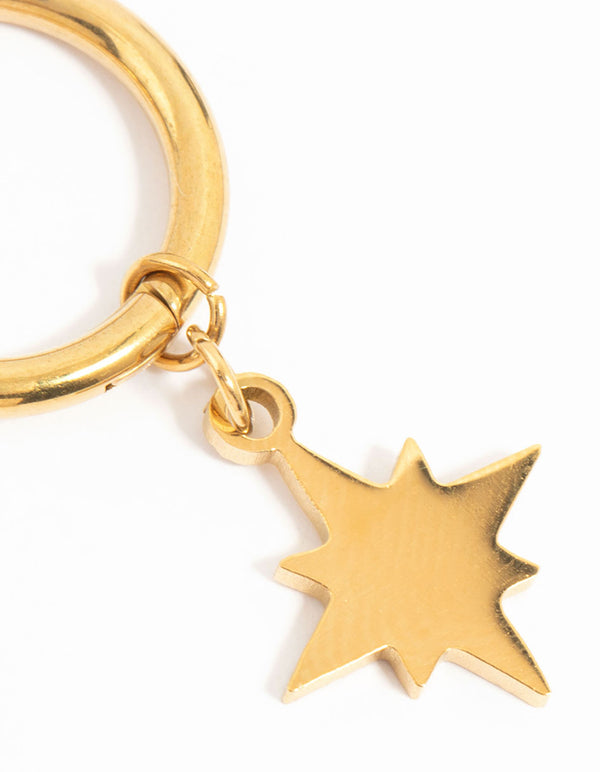 Explore waterproof gold plated stainless steel hoop earrings with celestial star and hinge closure post detail view