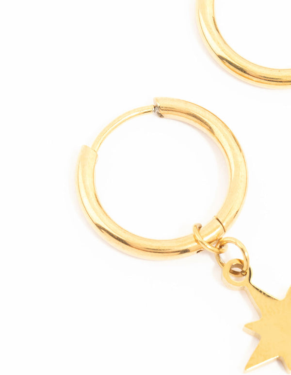 Showcasing waterproof gold plated stainless steel hoop earrings with celestial star close up view