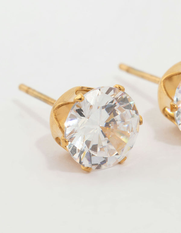 Beautifully designed waterproof stainless steel cubic zirconia stud earrings with gold plated finish close up view