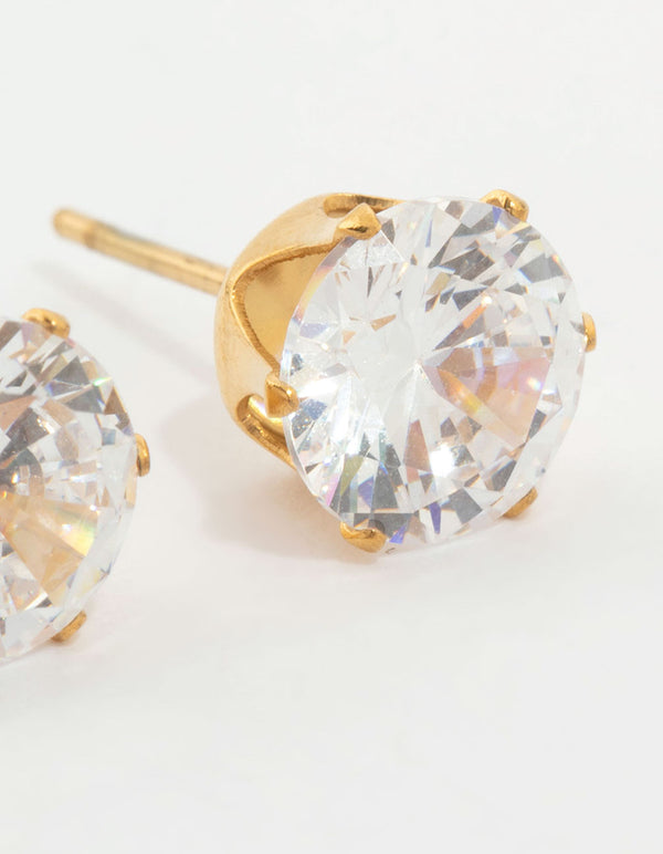 Highlighting waterproof stainless steel cubic zirconia stud earrings in gold plated finish post detail view