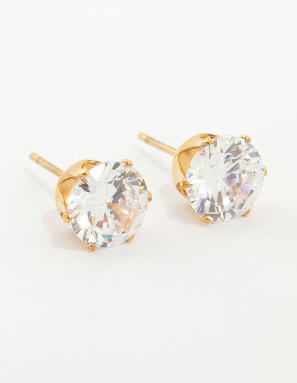 Showcasing waterproof stainless steel cubic zirconia stud earrings in gold plated finish front view
