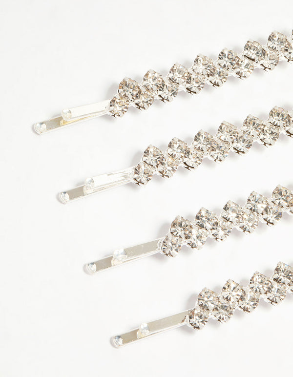 Silver Diamante Dressy Hair Slides 4-Pack