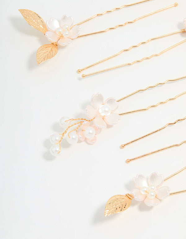 Gold Wire Flower Pearl Hair Pins 5-Pack