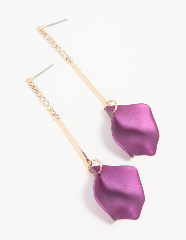 Gold Purple Coated Metal Diamante Petal Drop Earrings