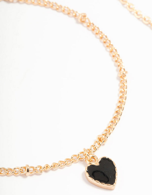 Gold Black Heart Charm Stone Bracelets 2-Pack