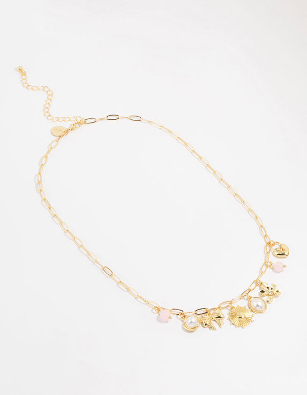 Gold Plated Pink Bead & Pearl Charm Necklace