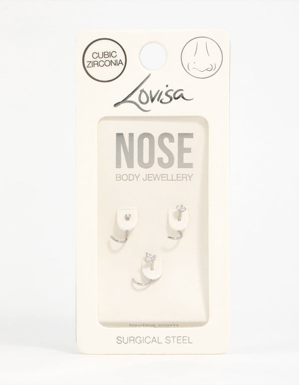 Surgical Steel Cubic Zirconia Butterfly & Round Nose Stud 3-Pack