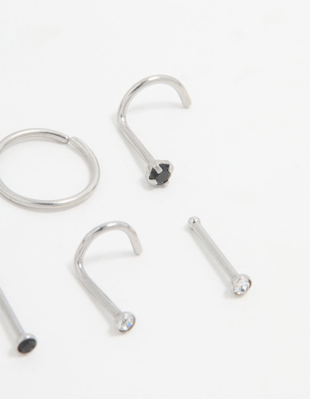 Surgical Steel Black Cubic Zirconia Nose Ring & Stud 6-Pack