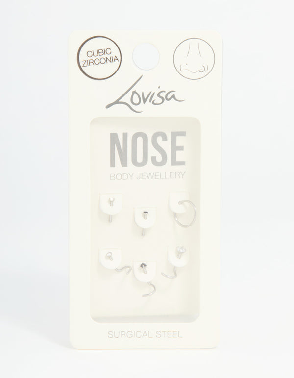 Surgical Steel Black Cubic Zirconia Nose Ring & Stud 6-Pack