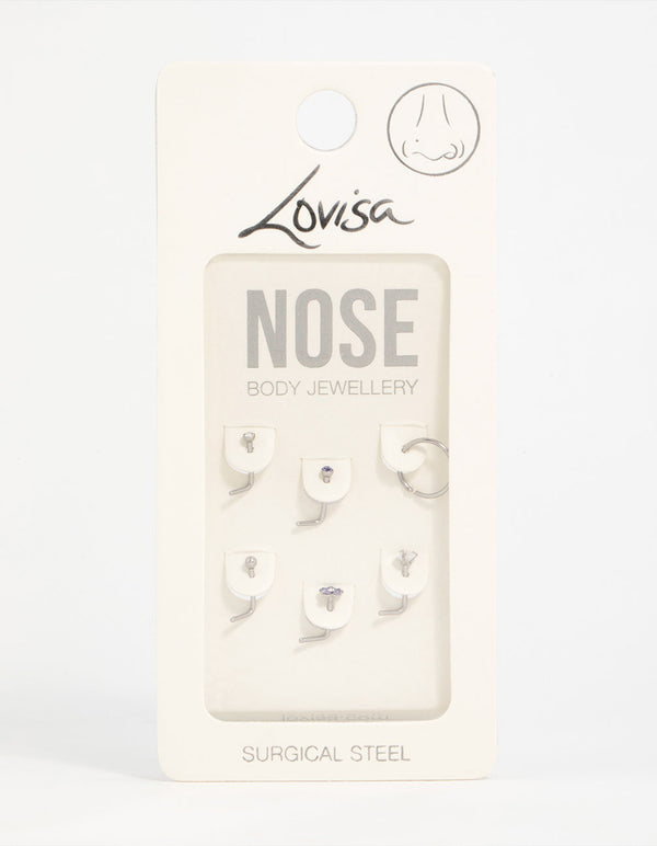 Surgical Steel Cubic Zirconia Flower Nose Piercing 6-Pack