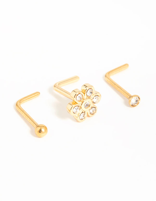 Gold Plated Surgical Steel Cubic Zirconia Flower Nose Piercings 3-Pack