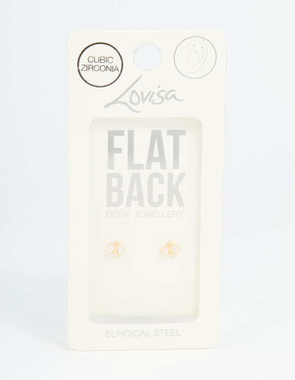 Gold Plated Surgical Steel Double Bee Cubic Zirconia Flat Back Studs