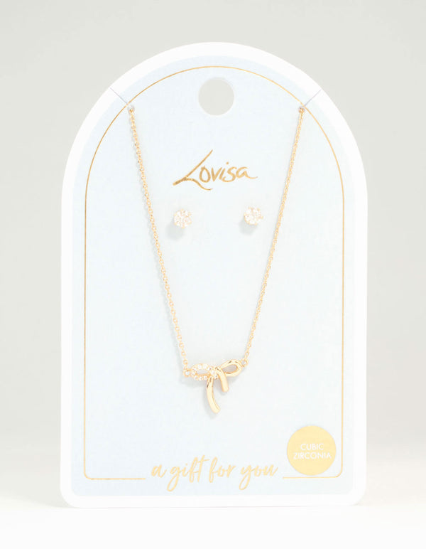 Rose Gold Cubic Zirconia Bow Necklace & Earrings Set